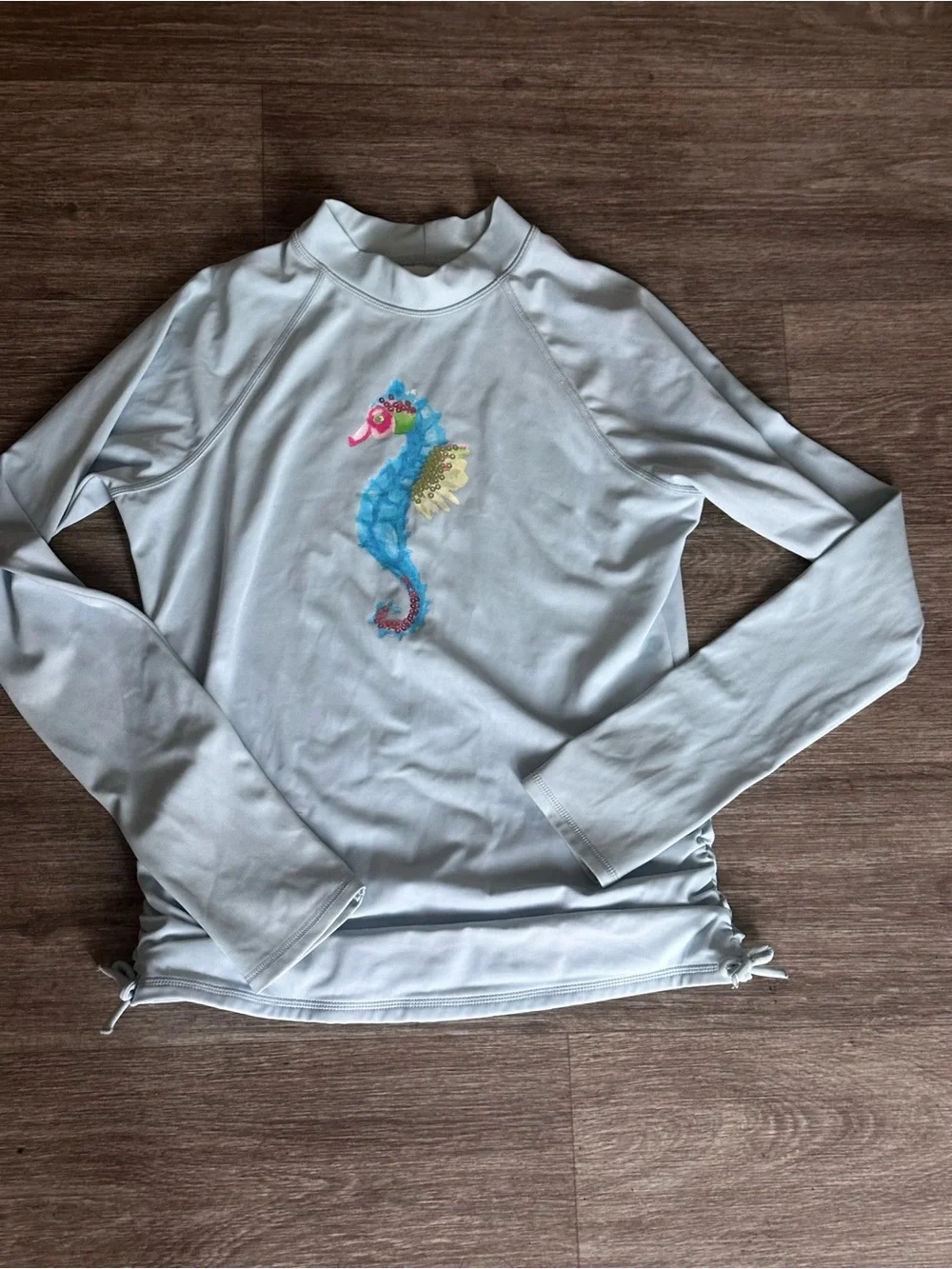Lands' End Cream Long-Sleeve Rashguard with Blue Seahorse